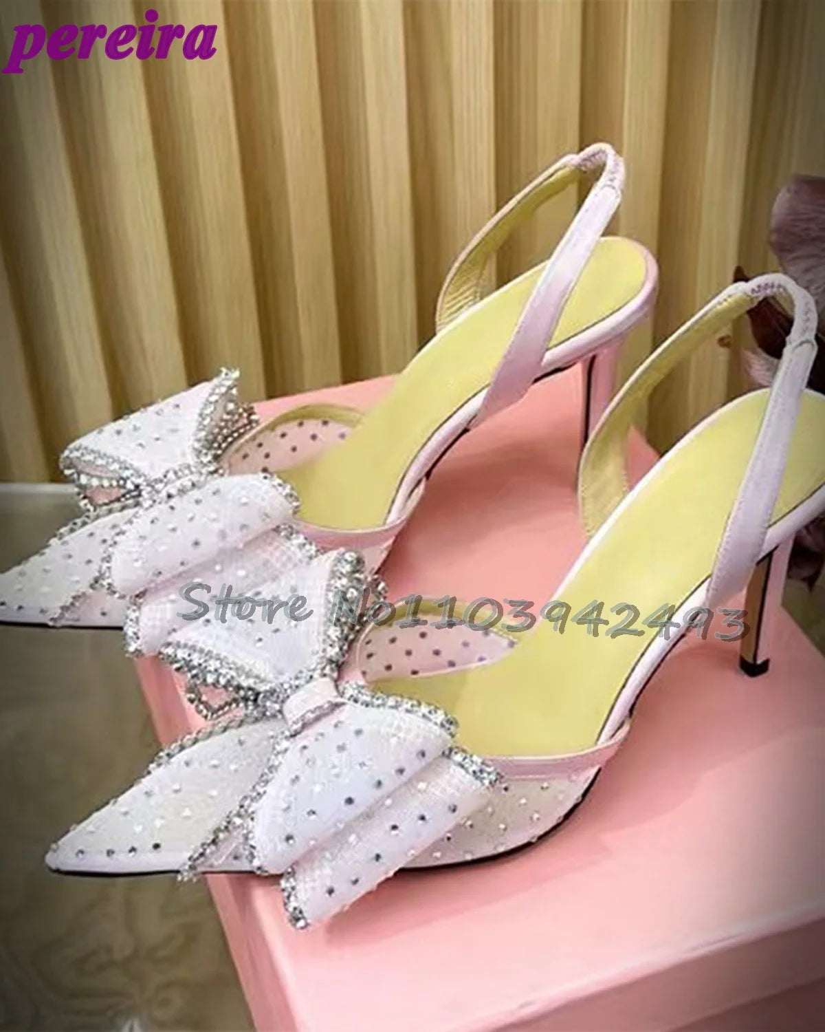Rhinestones Mesh Heeled Sandals Pink Heels Slip On Pull On Shoes Summer Butterfly-knot Women Luxury Designer Shoe Fairy Sandalia Pink