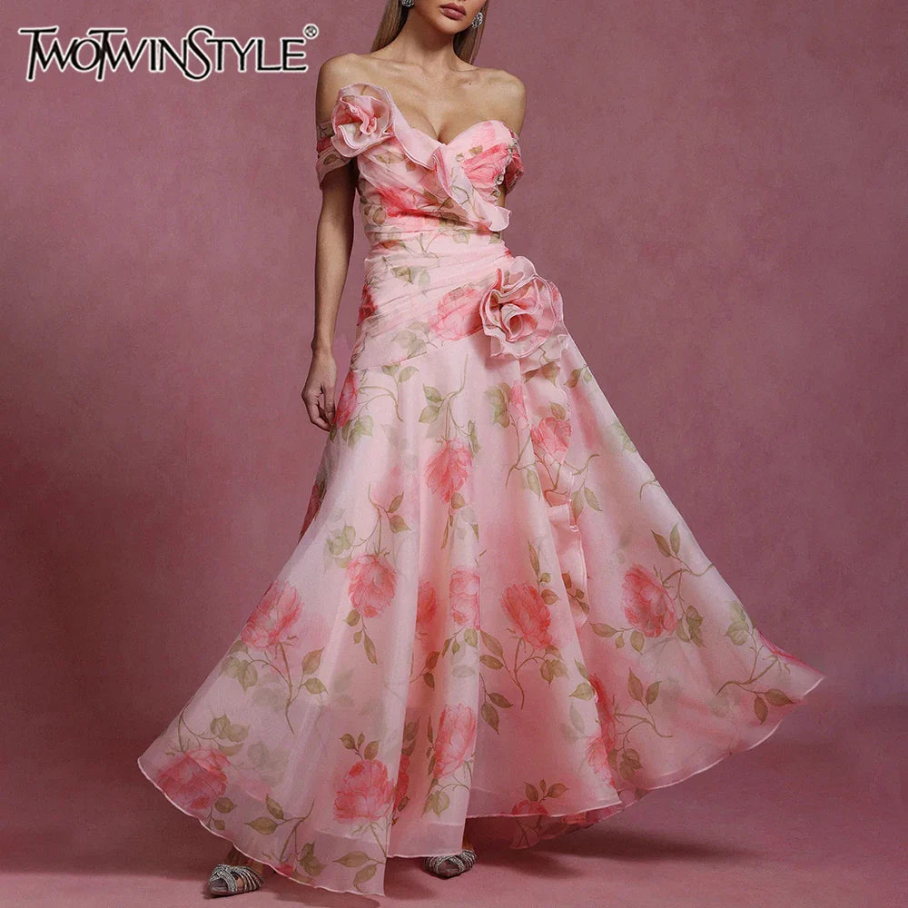 Printing Spliced 3D Flower Elegant Dresses for Women Slash Neck Off Shoulder Patchwork Fungus Folds Dress Female