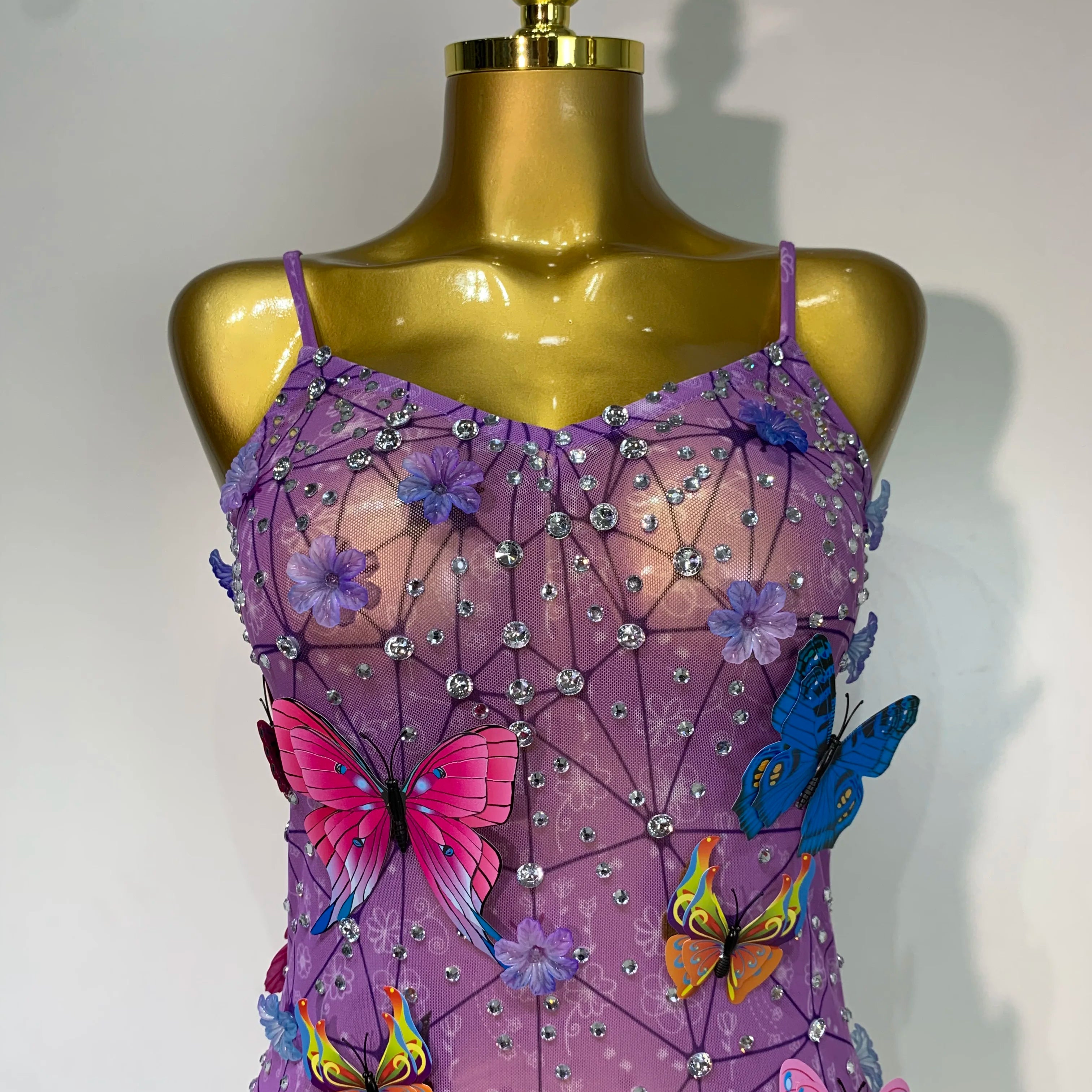 Sparkly Women Sexy Mesh See Through Dress 2025 Butterfly Purple Celebrity Luxury Birthday Nightclub Stage Outfit