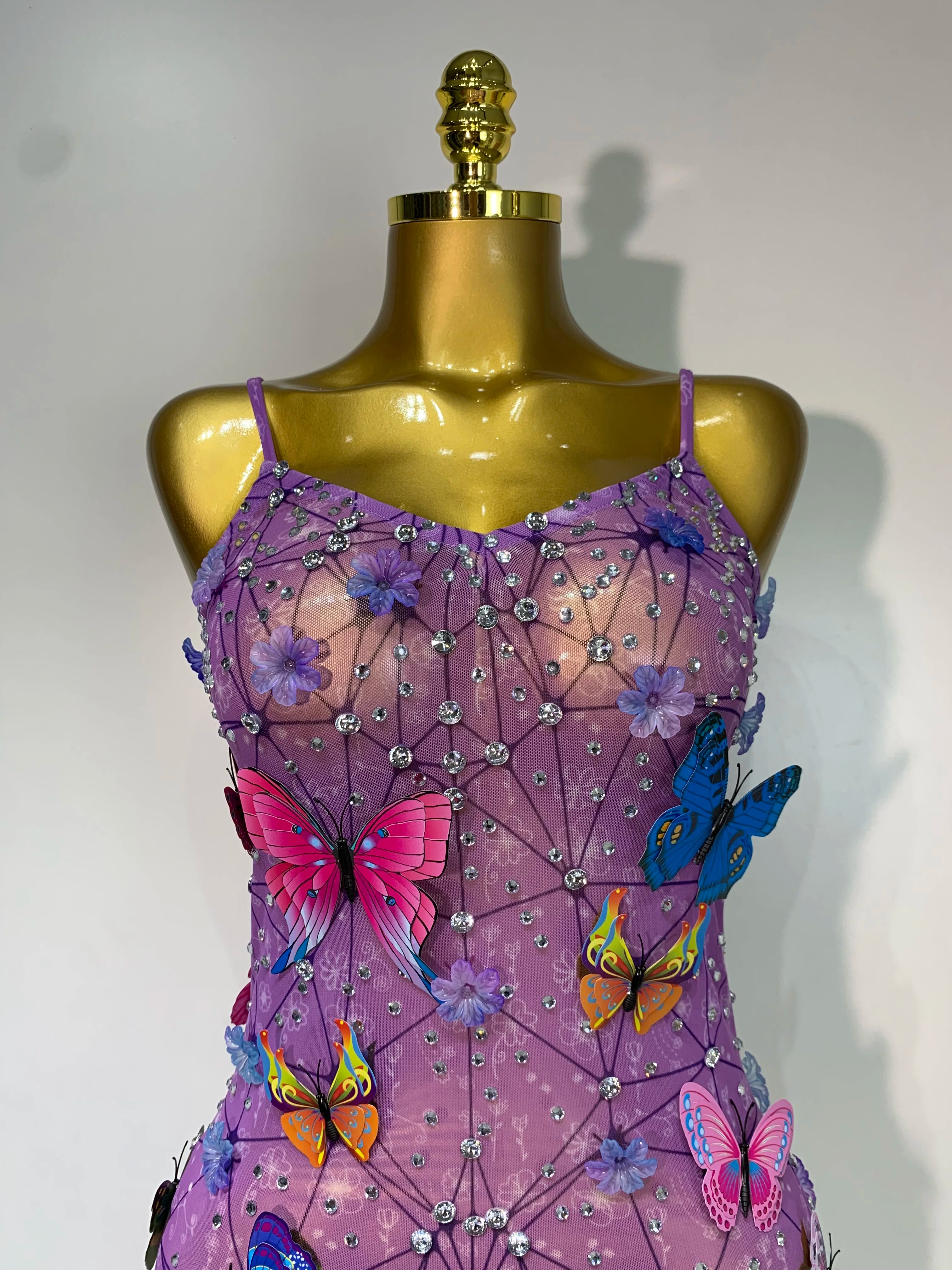 Sparkly Women Sexy Mesh See Through Dress 2025 Butterfly Purple Celebrity Luxury Birthday Nightclub Stage Outfit
