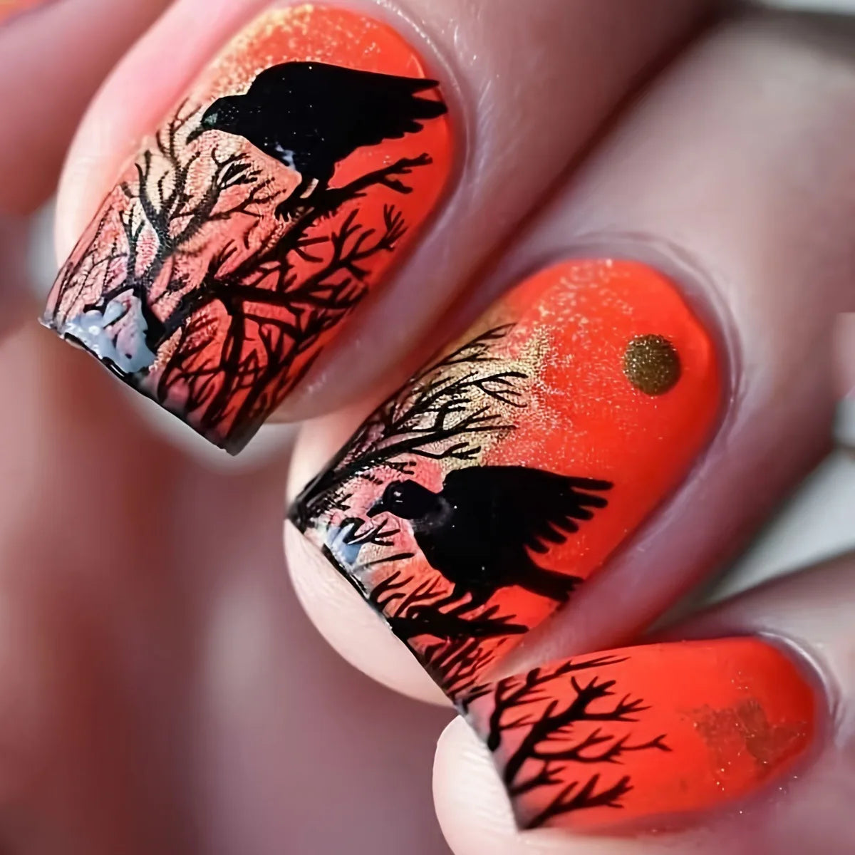 24pcs/set Short Medium fake nails for Halloween party Dead trees and crows bat Night sky Square almond tips press on false nail 2887