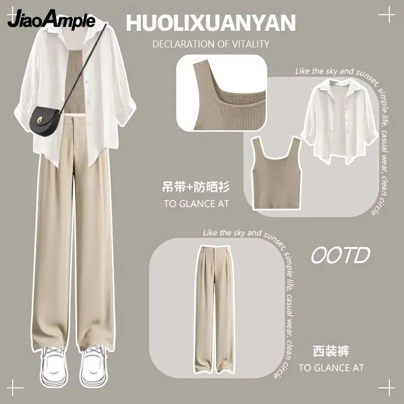 Sommarsuit 2023 New Casual Sunscreen Shirt Top + Strap + Casual Pants 3 Piece Korean Elegant Blouse Trousers Matchande uppsättning