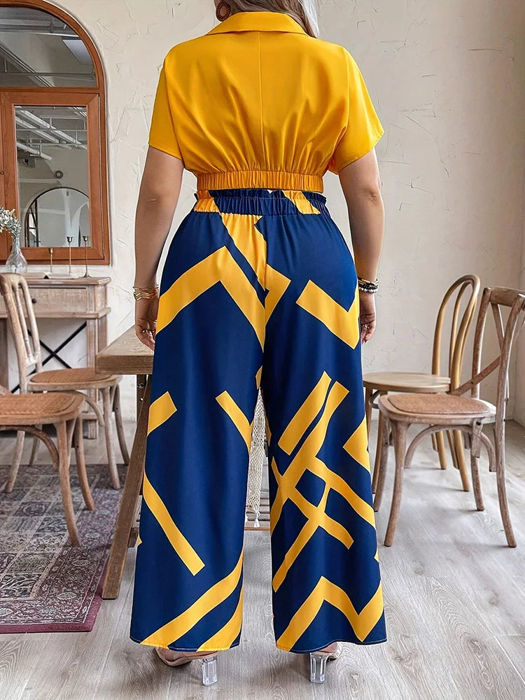 GIBSIE Plus Size Pants Set Women Summer V-neck Short-sleeved Crop Top Printed Tie Front Wide Leg Trousers Vacation Two-piece Set