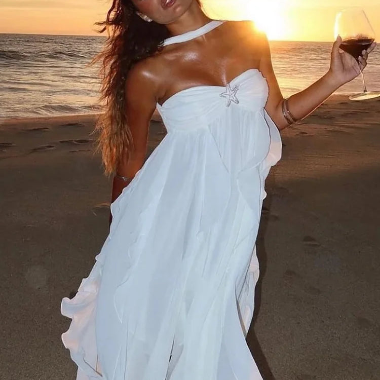 VC Soft Fashion Ruffle Halter Sleeveless Backless High Slit Dress for Wedding Summer Beach Gown