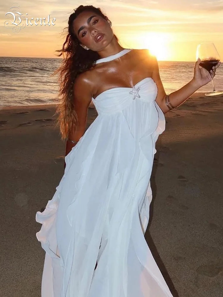 Soft Fashion Ruffle Halter Sleeveless Backless High Slit Dress for Wedding Summer Beach Gown