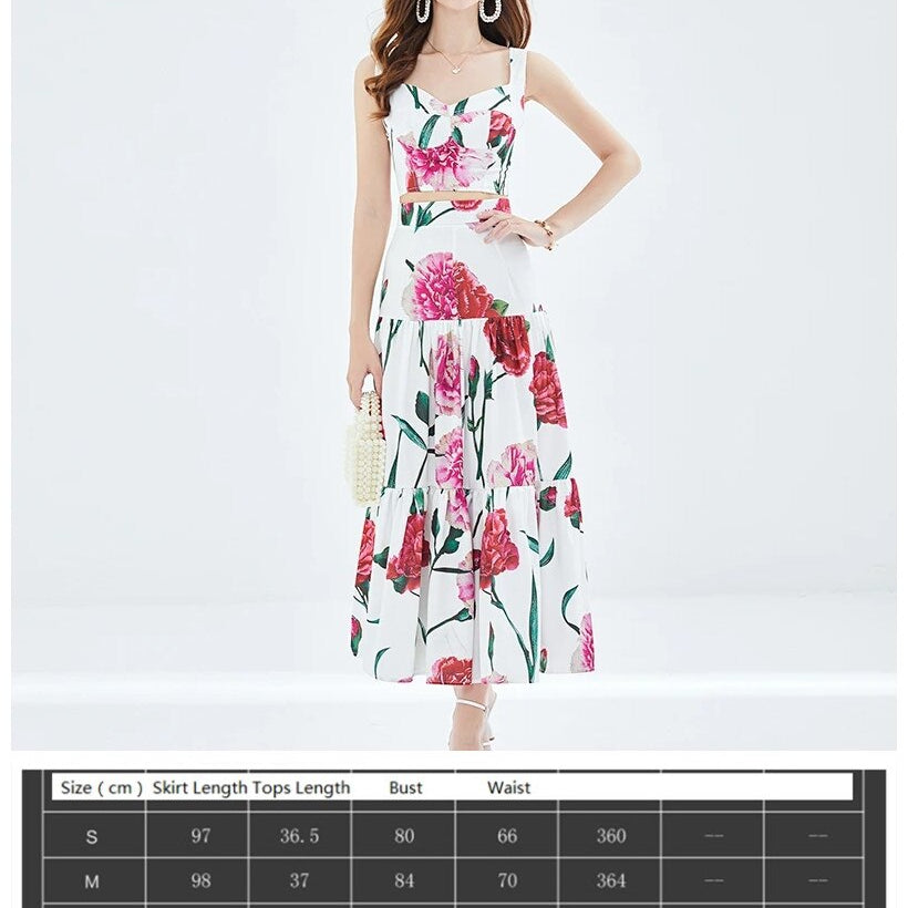 Summer Floral Dress Sets Women 2 Piece Outfit Sexy Slim Tops and Skirt Party Set 2024 Suspender Strap Suit Ballgown Frocks 1