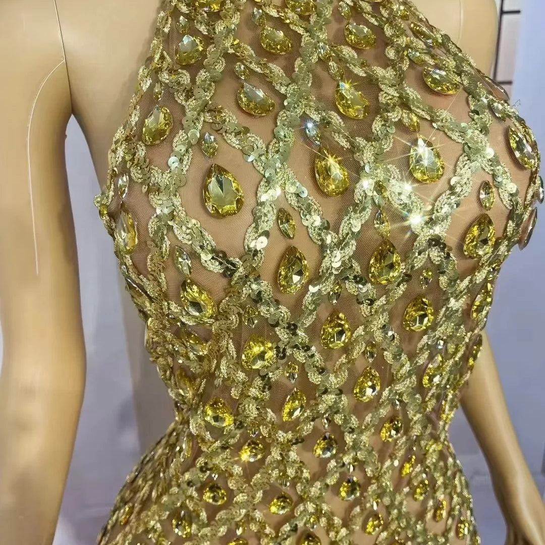 Luxury Shining Gold Rhinestones Feather Sexy Mesh Long Dress Women Birthday Evening Red Carpet Fashion Show Gown Stage Costume