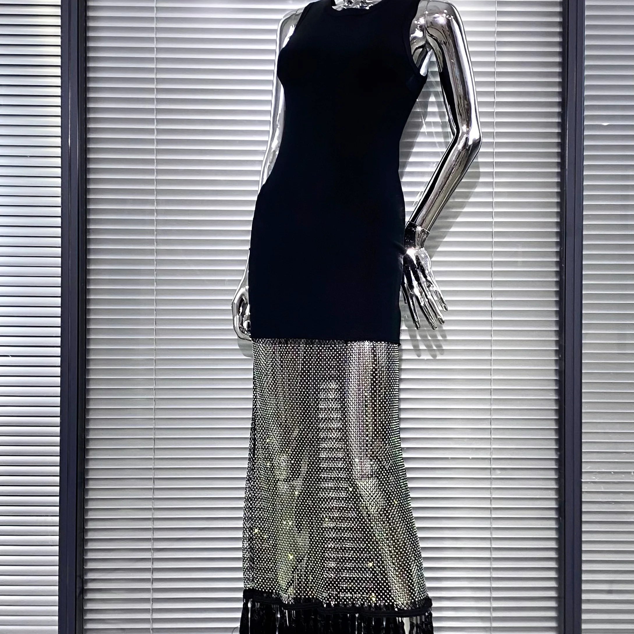 Shining Diamond See Through Mesh Tassels Black Bandage Ankle Length Dress Fashion Woman Party Dress Birthday Party Outfit
