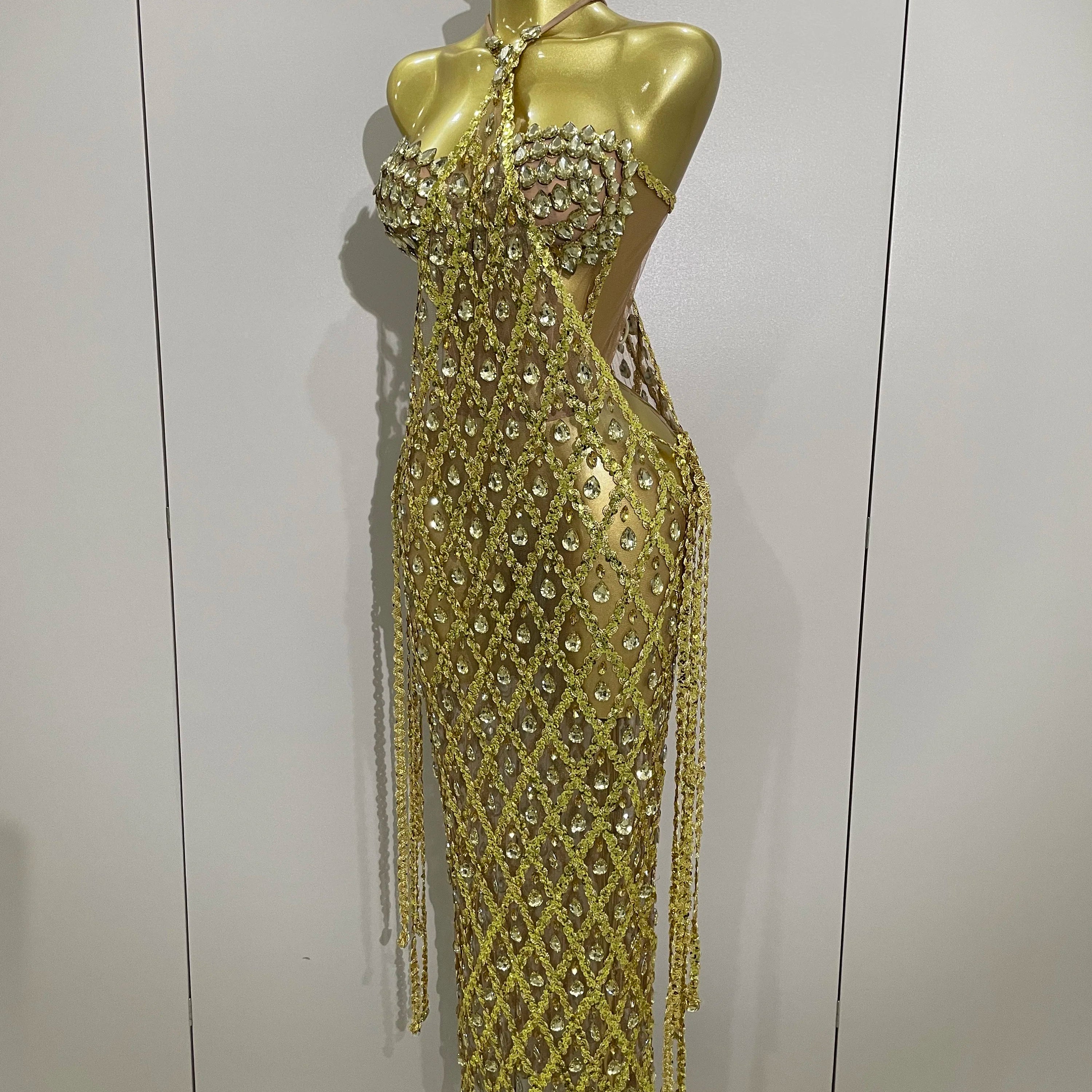 Stock Sexy Sparkly Gold Rhinestones Sleeveless Mesh Two Piece Long Dress 2025 Women Birthday Party Celebrate Prom Stage Costume