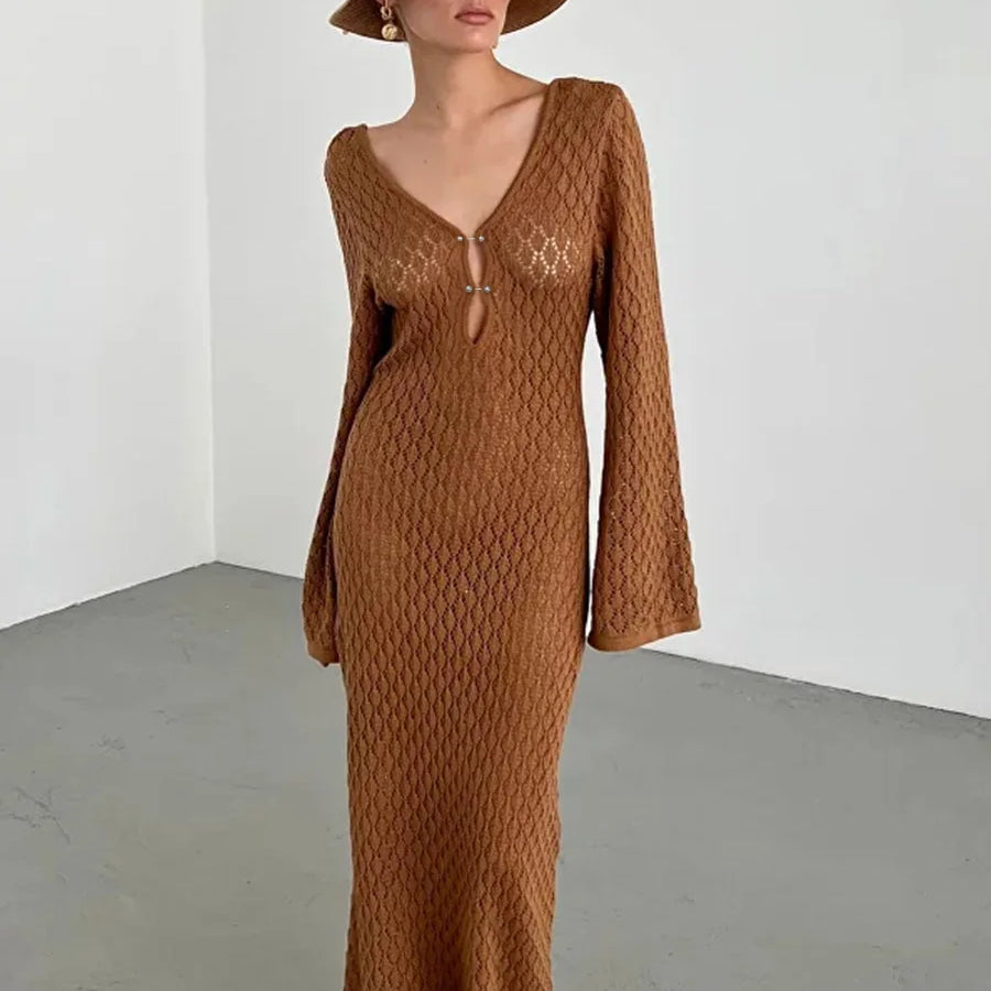 Sexy Women Long Knit Beach Dress Hollow-Out Deep V-Neck Long Sleeve Bikini Cover-Ups Dress Fall Backless Holiday Dress Brown