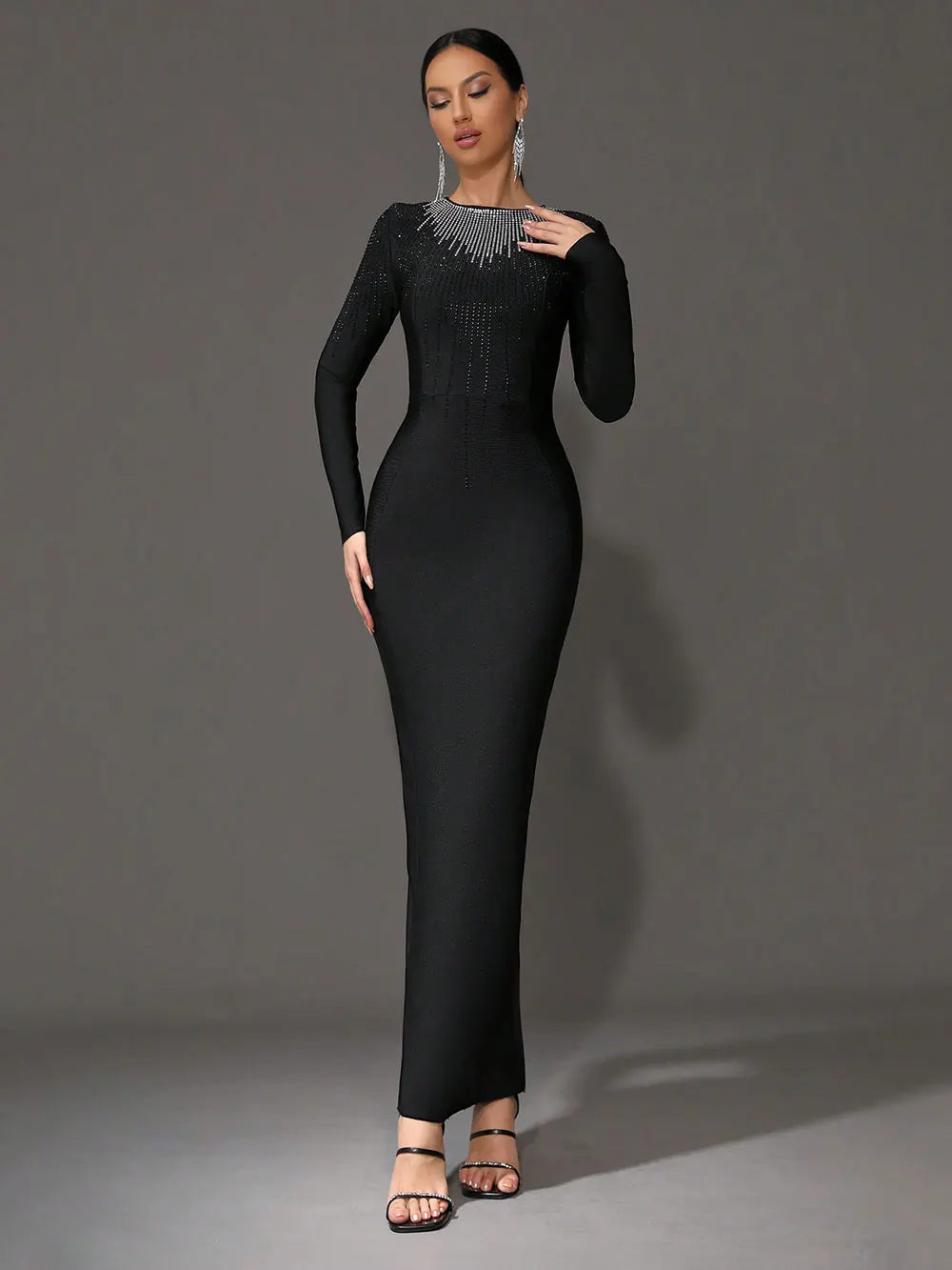 2025 Elegant Women's Light Luxury Hot Diamond Bandage Dress O-neck Long Sleeve Bodycon Black Long Dress Evening Party Vestidos
