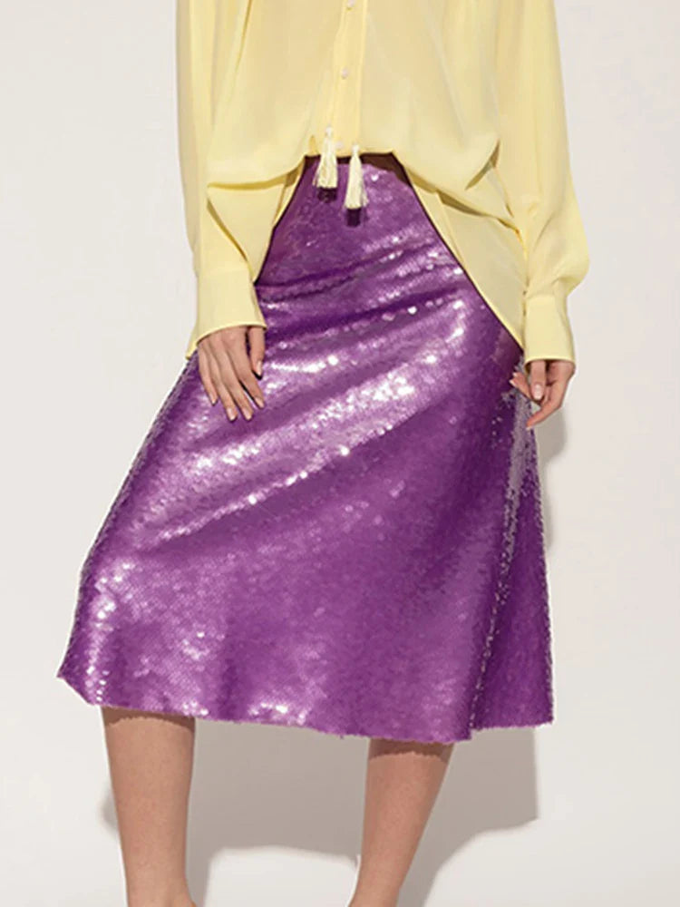 DEAT Fashion Women's Skirt Fit High Waist A-line Sequin Mid-calf Purple Versatile Skirts Female Summer New Tide 17A9008