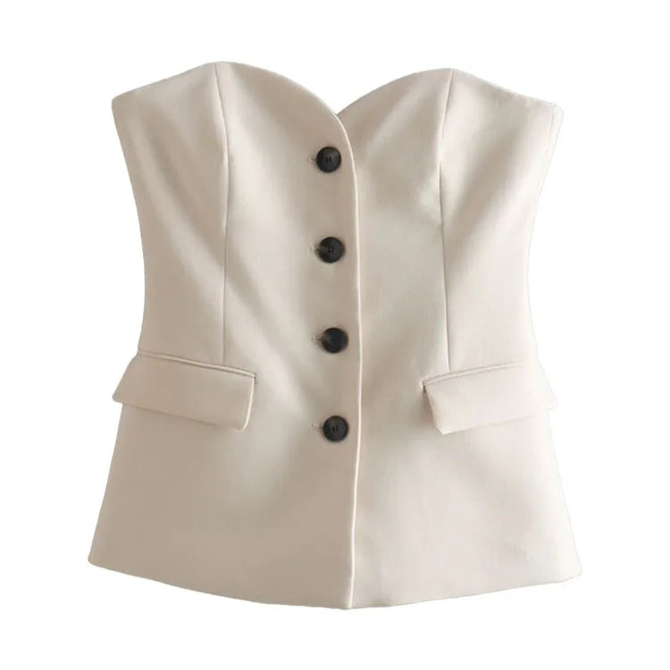 ZATRHMBM 2022 New Fashion Vintage Clothes For Lady Sleeveless Button Underwear Style Vest Patch Pocket White Crop Top Female Photo Color 2