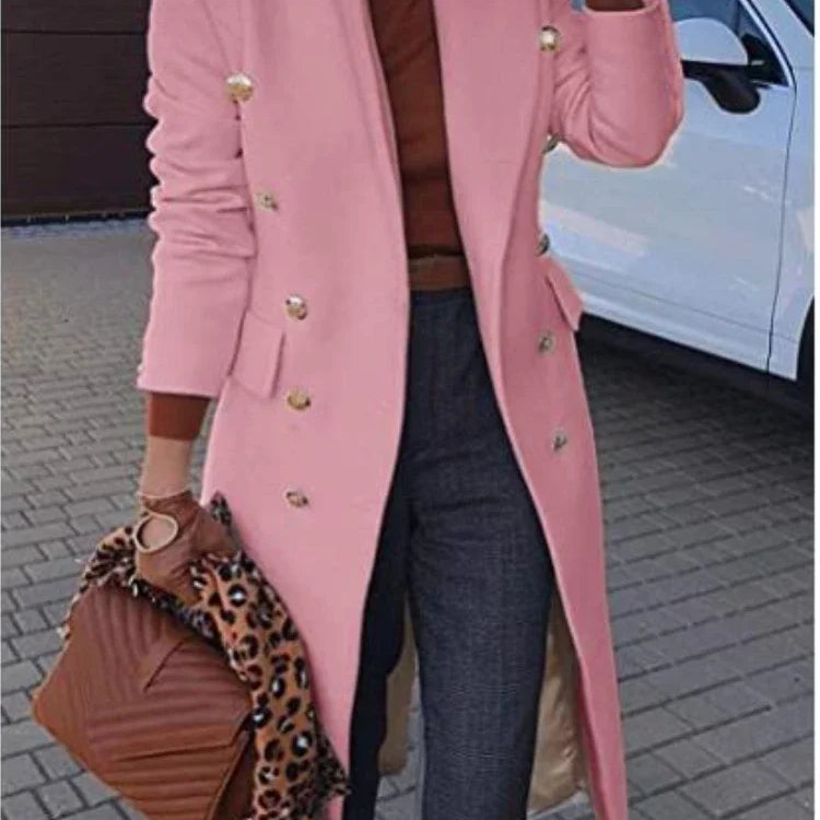 Women Jacket Lapel Medium Length Woolen Overcoat  Autumn Winter Solid Double Breasted Topcoat Office Lady Tops Autumn Winter