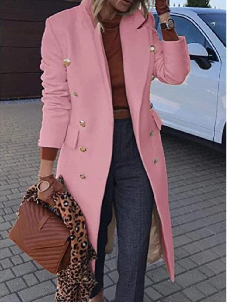 Women Jacket Lapel Medium Length Woolen Overcoat  Autumn Winter Solid Double Breasted Topcoat Office Lady Tops Autumn Winter