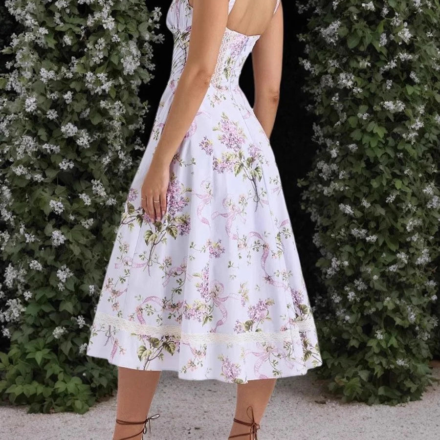 Printing Hollow Out Spliced Lace Elegant Dresses for Women Square Neck Sleeveless Patchwork Pockets Dress Female