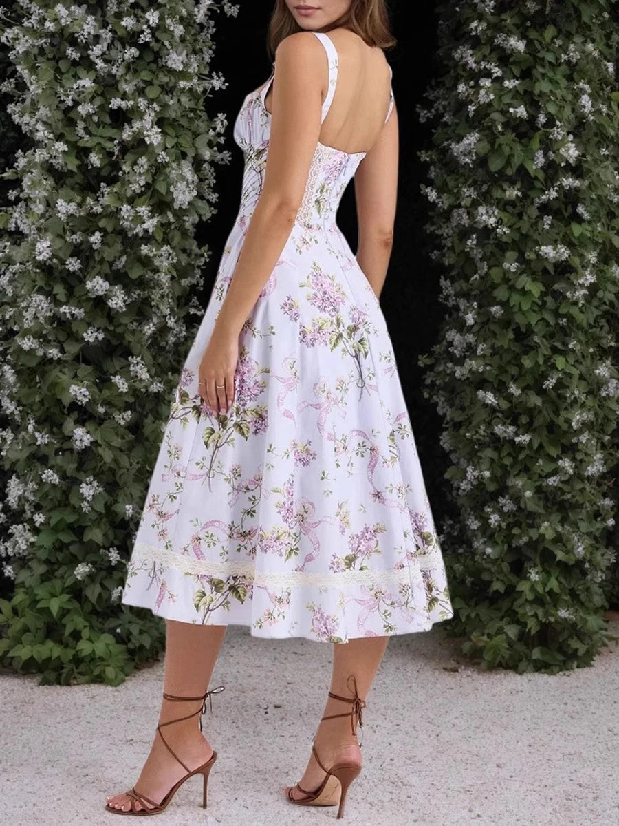 Printing Hollow Out Spliced Lace Elegant Dresses for Women Square Neck Sleeveless Patchwork Pockets Dress Female