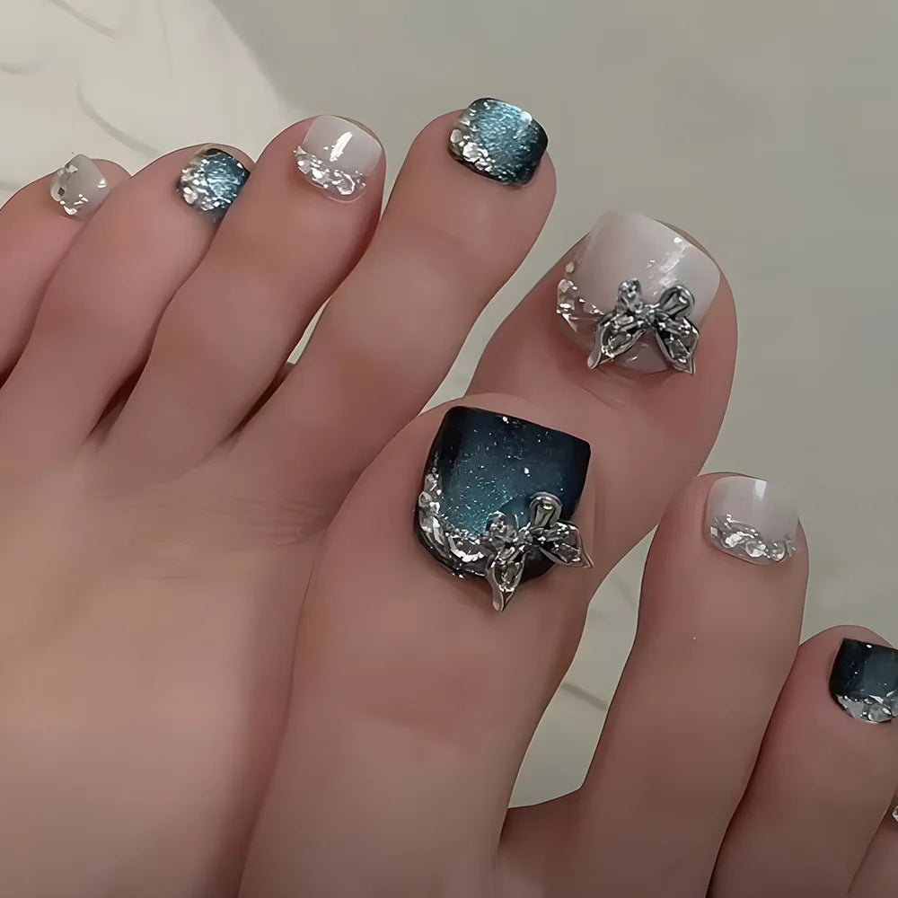 24pcs Blue Cat Eye Press on Toenails with 3d Butterfly Summer Wearable False Toe Nails Glitter Diamond Design Fake Toenails 3