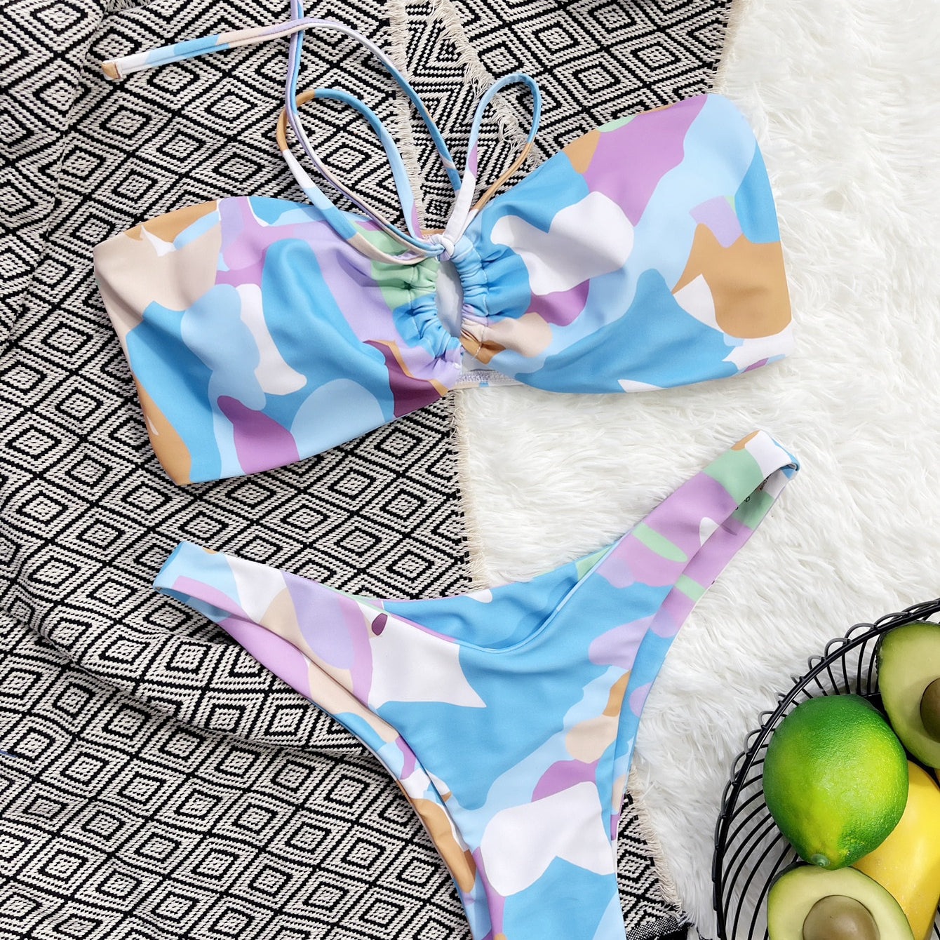 Print Bandeau Bikinis Set Swimsuit - Lace-up Thong Swimsuit for Women Sexy Bikini