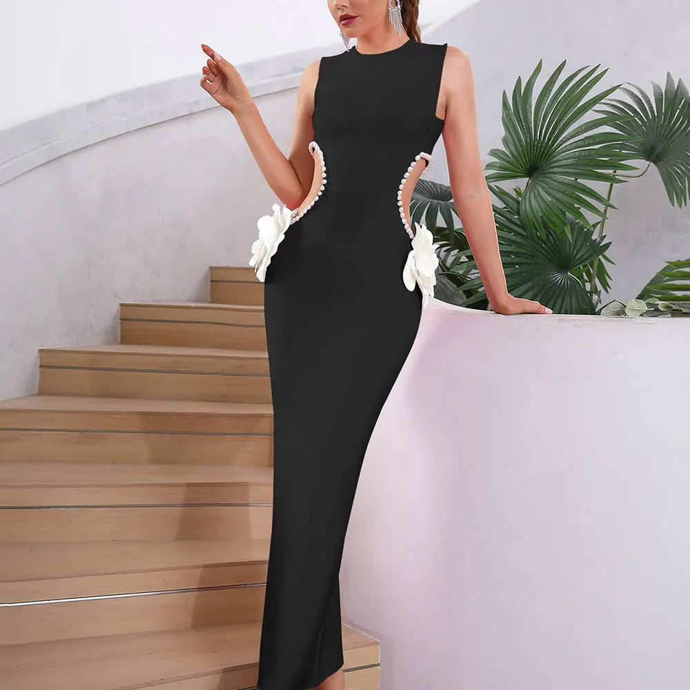 2024 Sexy Women'S Waist Exposed Pearl Flower Design Bandage Dress O-Neck Sleeveless Bodycon Long Dress Christmas Party Vestidos black