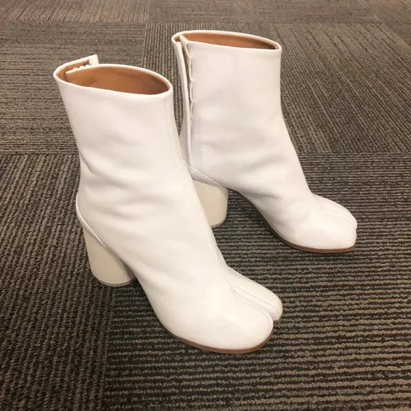 Luxury Brand Design Leather Tabi Boots Fashion Round Chunky High Heel Ankle Boots For Women Autumn Winter Split Toe Shoes white with leather