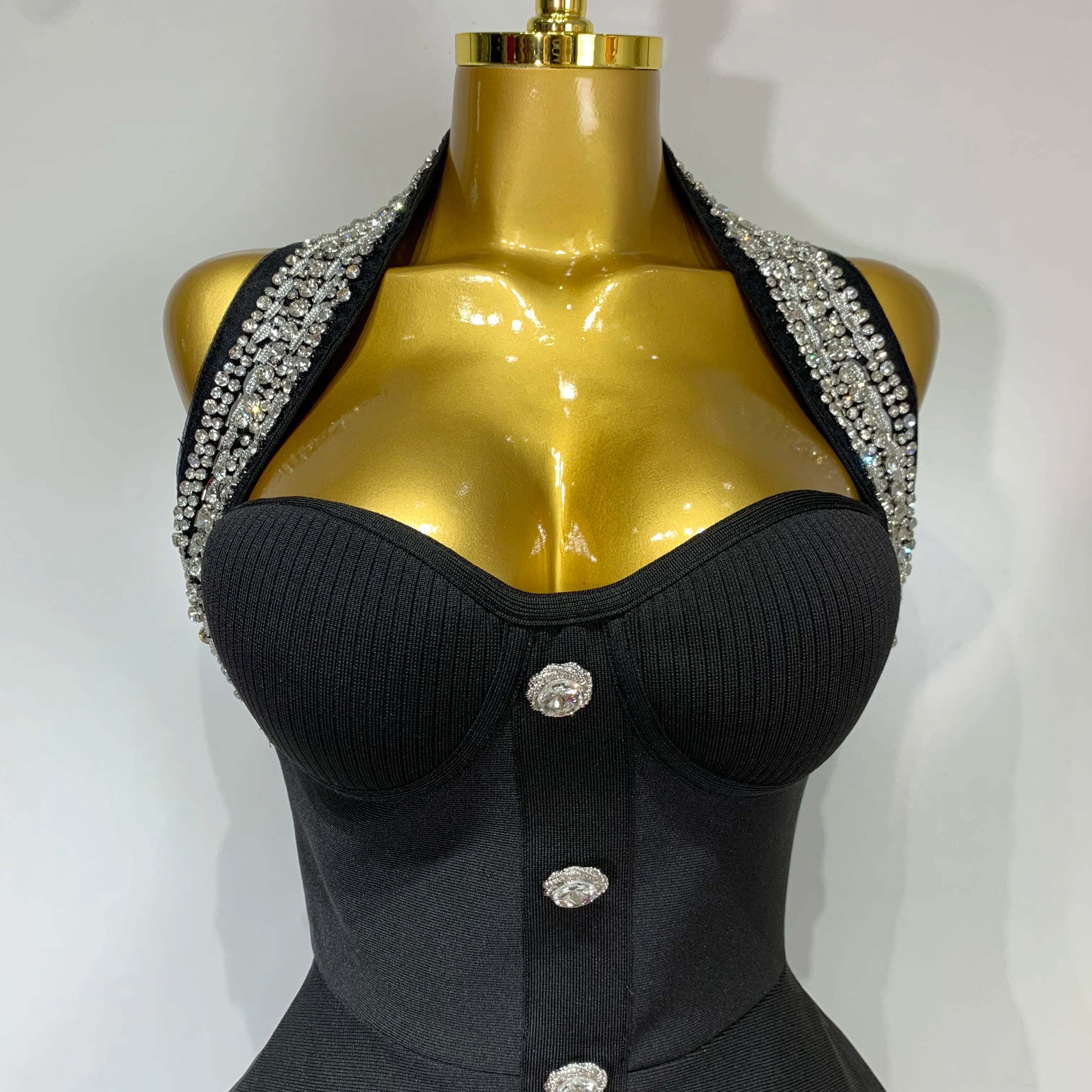 Fashion Women Luxury Party Dress Halter Sleeveless Backless Sparkly Rhinestone Bandage Dresses 2025 Elegant Evening Club Wear