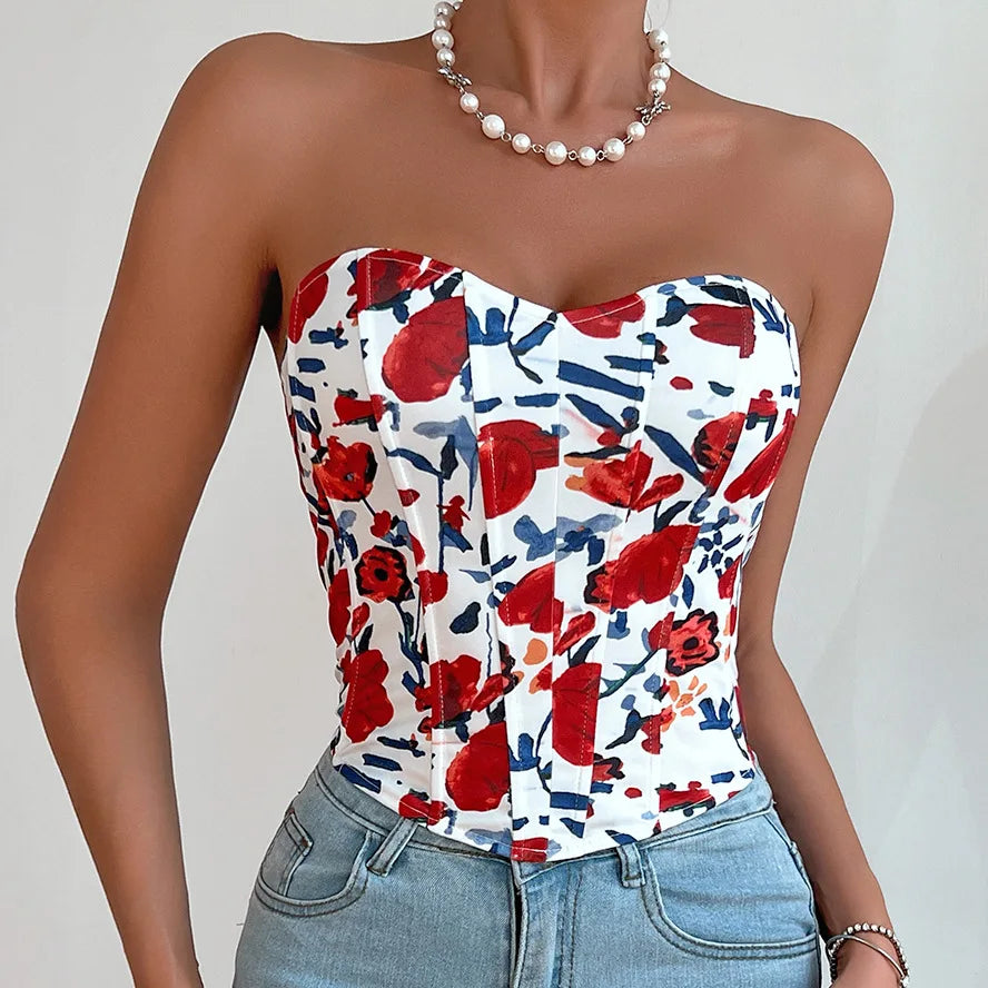 Women's Sexy Blended Camis Hot Sweet Print Solid Chest Wrap Elegant Irregulariity Floral Crop Top Holiday Single Breasted Tunics wine red