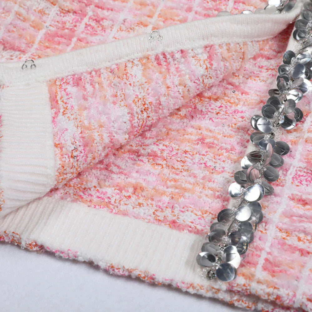 Two Piece Sets for Women Round Neck Long Sleeves Spliced Diamonds Top High Waist Patchwork Pockets Skirt Female New