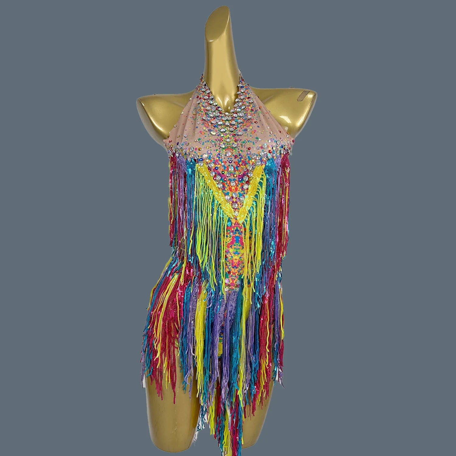 Colorful Tassel Sleeveless Bodysuit Streamer Theme Party Wear Hot Women Cheerleader Rhinestone Sequins Spandex Bodysuit Xinwucai MULTI One Size