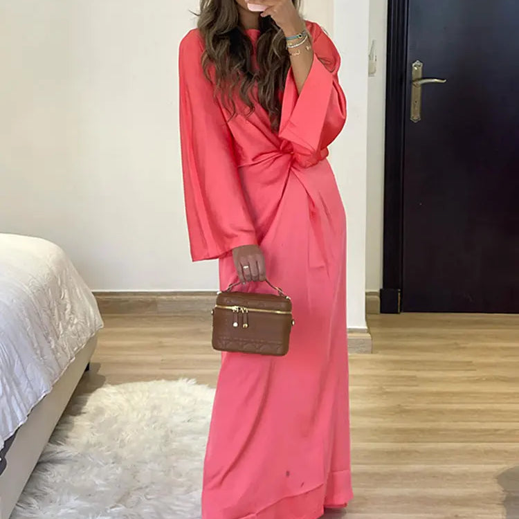 Solid Satin Batwing Sleeve Pleated Maxi Dress Women Fashion Long Sleeve O-neck High Waist Vestidos Lady Casual Loose Robes