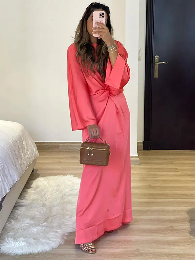 Solid Satin Batwing Sleeve Pleated Maxi Dress Women Fashion Long Sleeve O-neck High Waist Vestidos Lady Casual Loose Robes