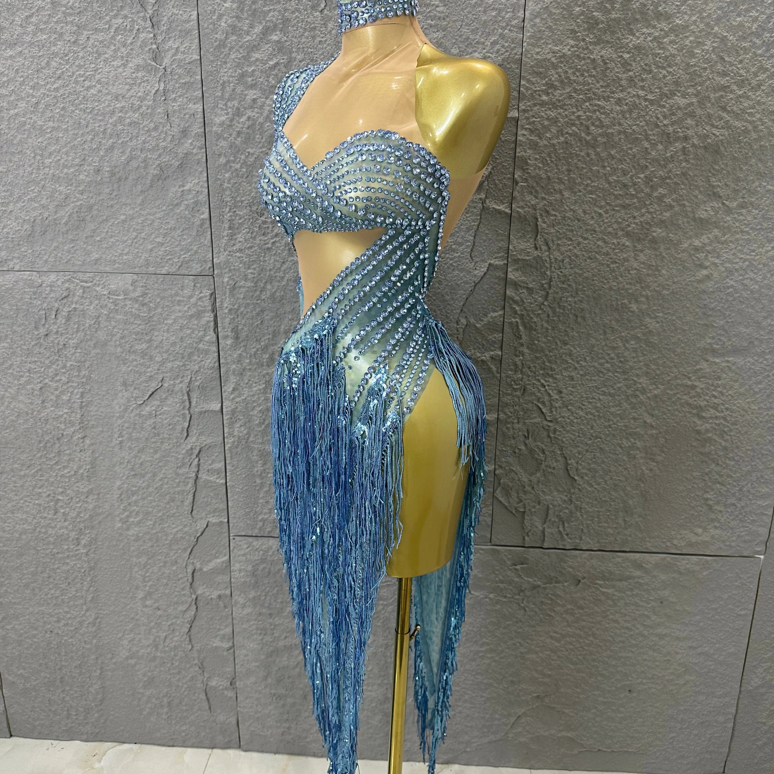 Glamorous Sky Blue One Shoulder Crystal Beaded Asymmetrical Tassel Dress Evening Birthday Nightclub Dance Banquet Outfit