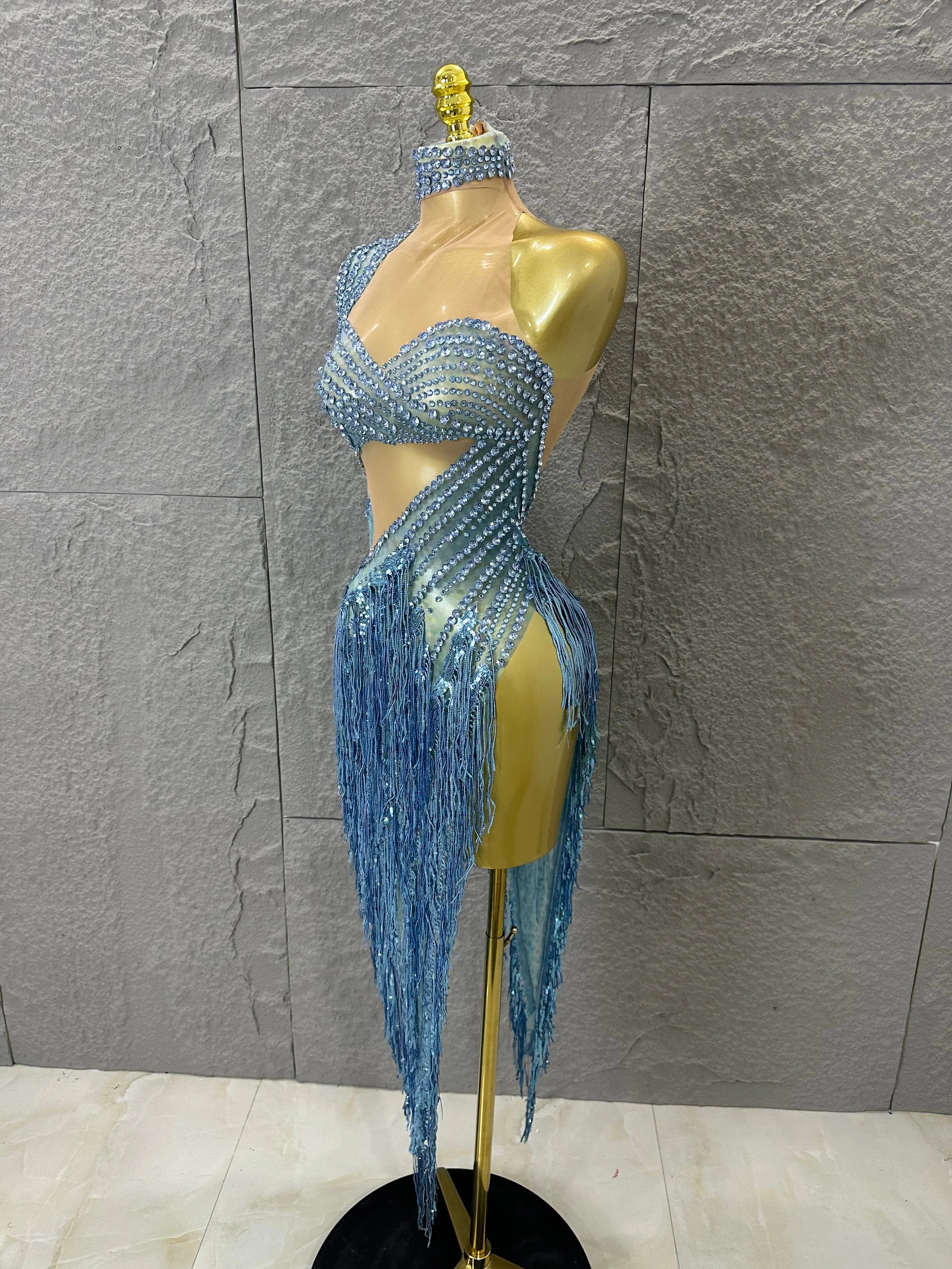 Glamorous Sky Blue One Shoulder Crystal Beaded Asymmetrical Tassel Dress Evening Birthday Nightclub Dance Banquet Outfit