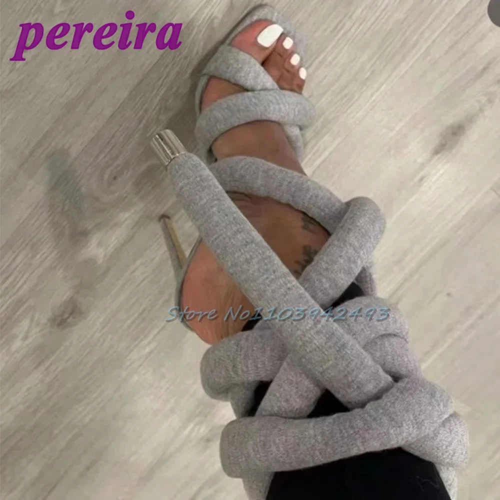 Silver Gladiator Heels Square Toe Ankle Strap Heeled Sandals Roman Style Stiletto Designer Women Shoes Summer Sandalias De Mujer Grey