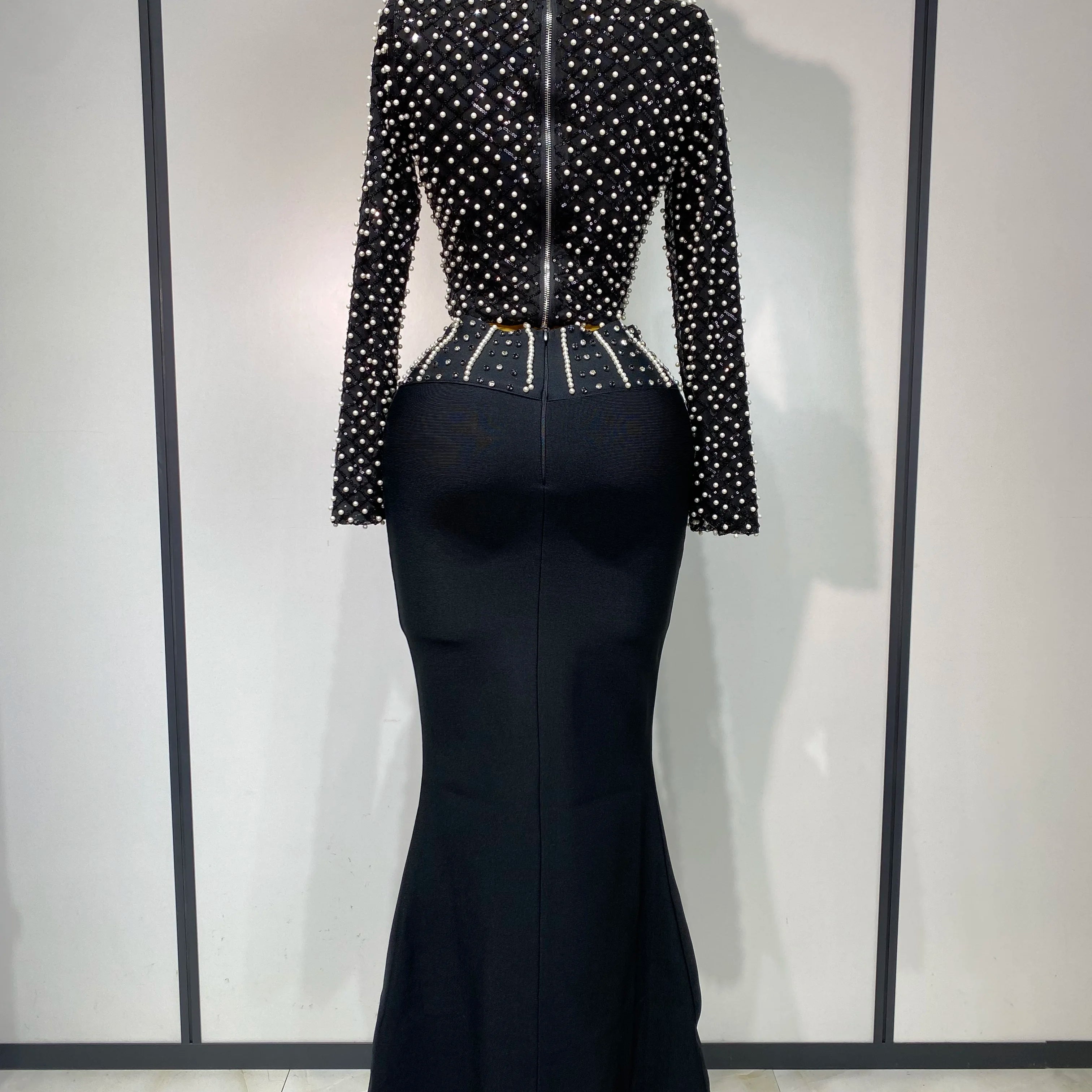 Women Long Sleeve Black Mesh Studded Dianonds Crystal Pearl Two Pieces Bandage Set Celebrity Sexy Evening Party Birthday Gown