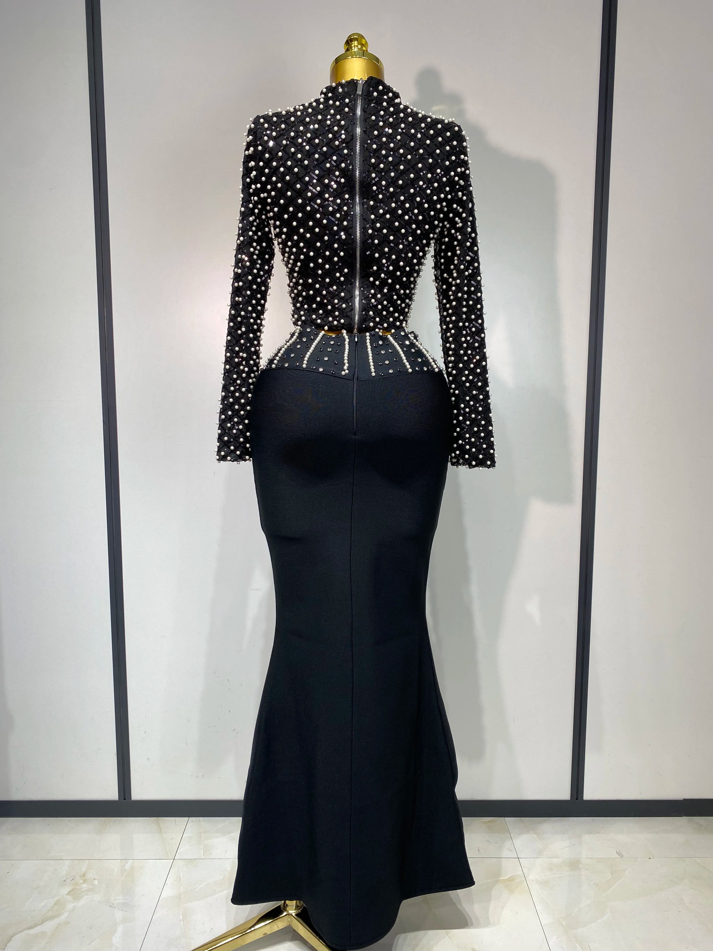 Women Long Sleeve Black Mesh Studded Dianonds Crystal Pearl Two Pieces Bandage Set Celebrity Sexy Evening Party Birthday Gown