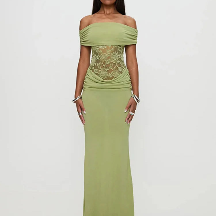Off-shoulder Strapless Sexy Maxi Dress For Women Green Lace Sheer Sleeveless Backless Bodycon Club Party Long Dress