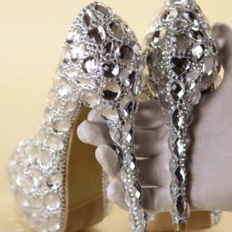 Women Rhinestones Pumps Shoes Super Flash Crystal Chaton Wedding Shoes White Bride Shoes Show Diamond High-heeled Shoes