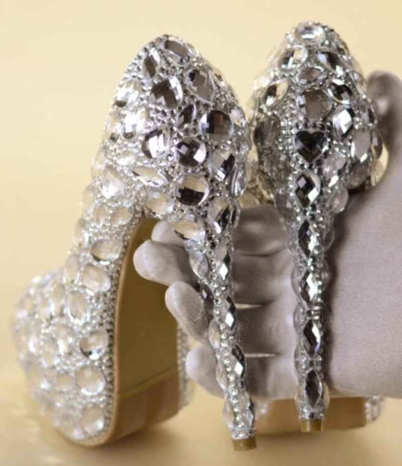 Women Rhinestones Pumps Shoes Super Flash Crystal Chaton Wedding Shoes White Bride Shoes Show Diamond High-heeled Shoes