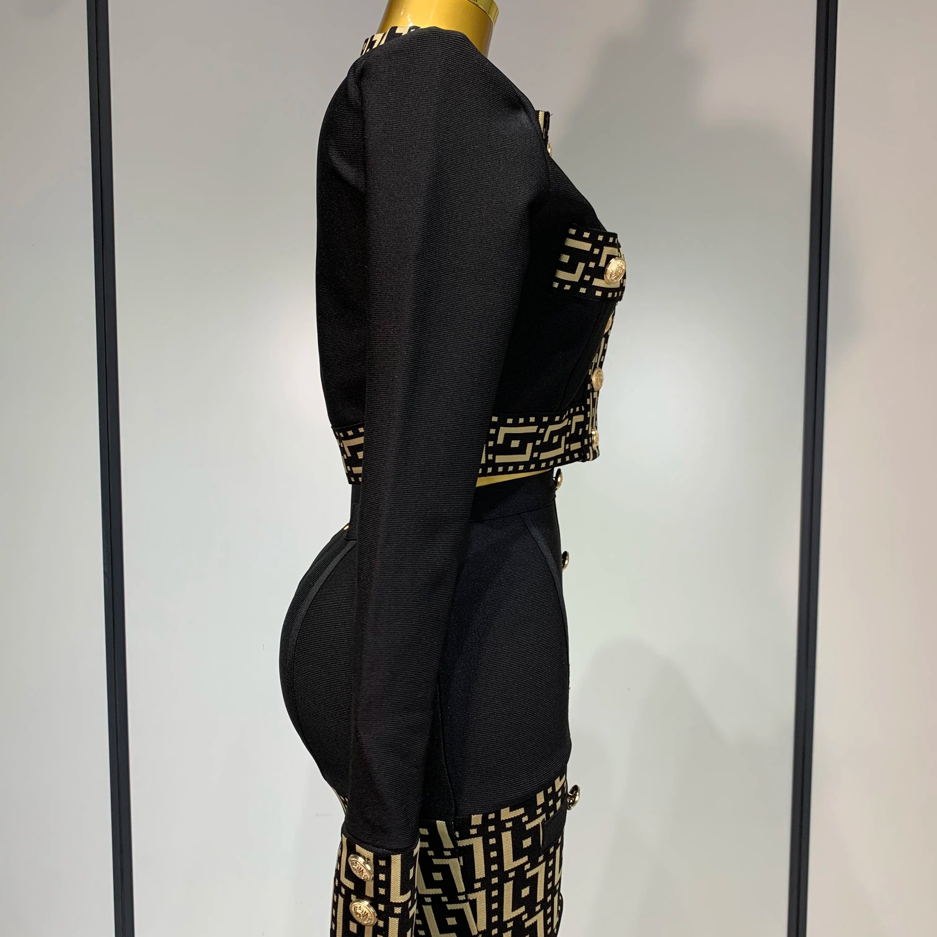 Women Black Long Sleeves Two Pieces Bandage Set Bottons Top Bodycon Mini Skirt Suit Evening Party Luxury Birthday Women's Outfit