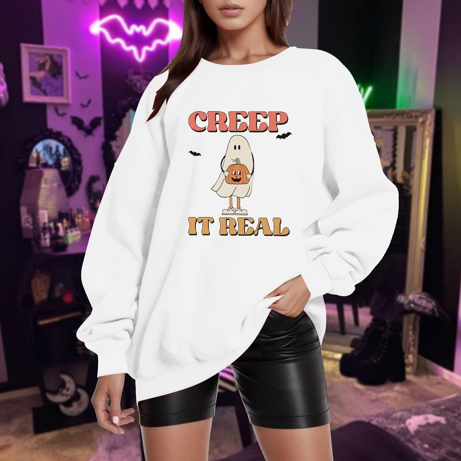 Womens Casual Loose Solid Halloween Pumpkin Print Off Shoulder Sleeves Hatless Sweater Fall Outfit White