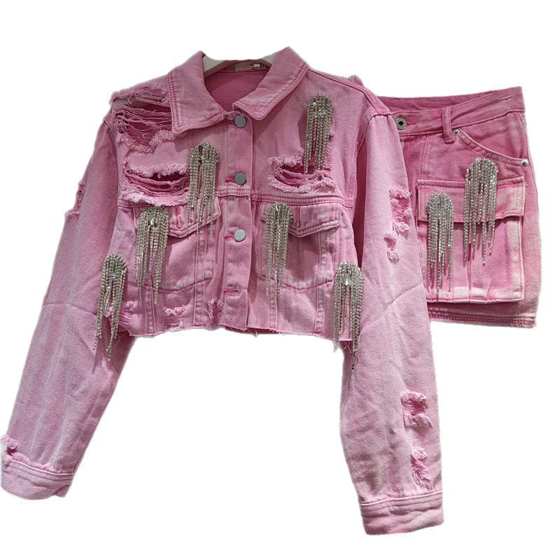 Autumn Winter New Fashion Heavy Industry Diamond High Waist Short Denim Coat For Women A-line Mini Skirts 11A07619