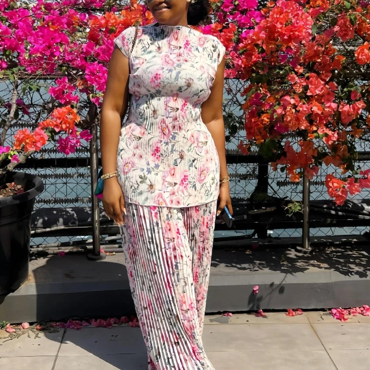 CM.YAYA Women Set Floral Print Short Sleeve Pleated T-Shirt + Wide Leg Pants 2025 Street Sexy Two 2Piece Sets Outfits Tracksuit