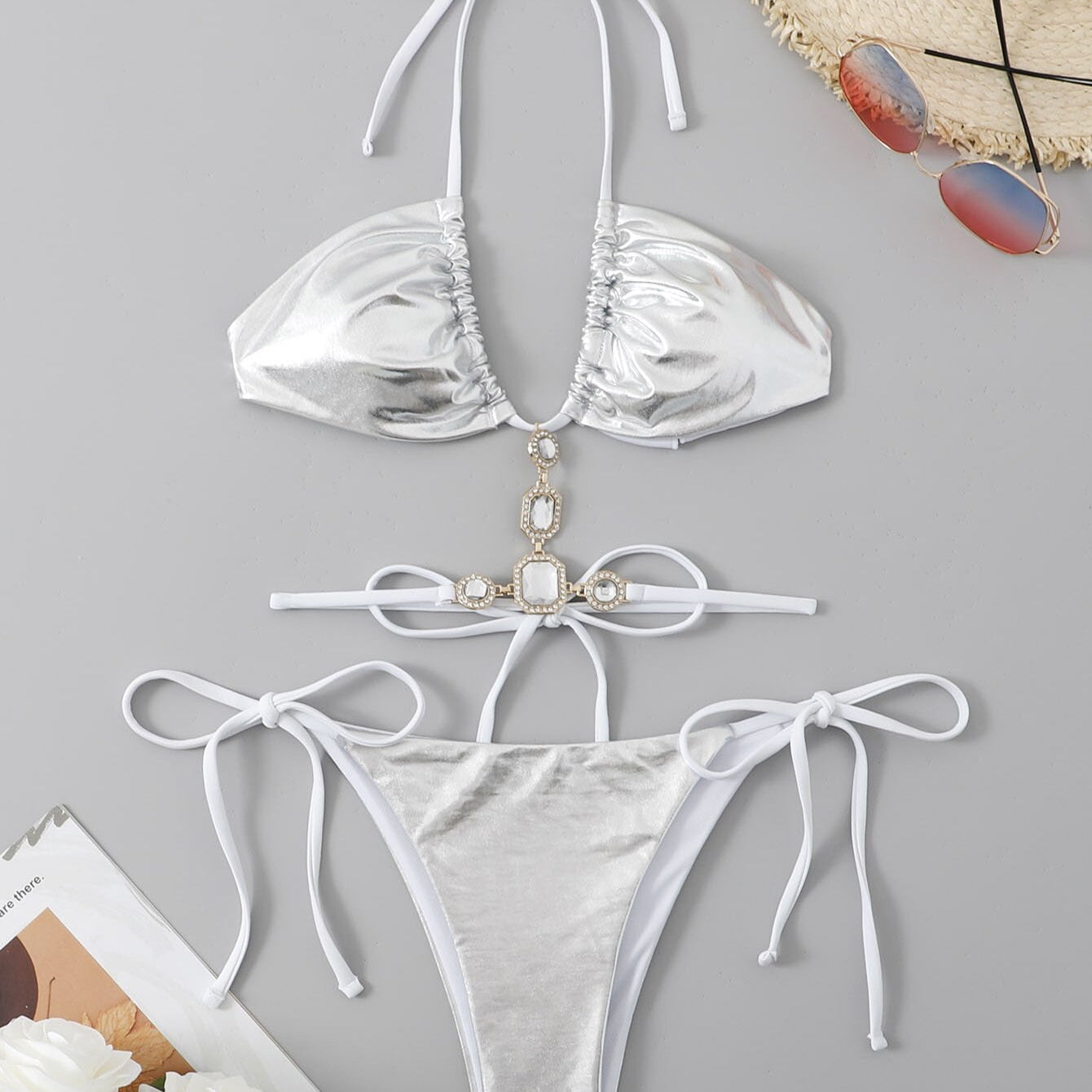 Push up Reunido Bikini Sexy Halter Correas Cristal Diamante Bañador Brasileño Bandeau Rhinestone Swimwear