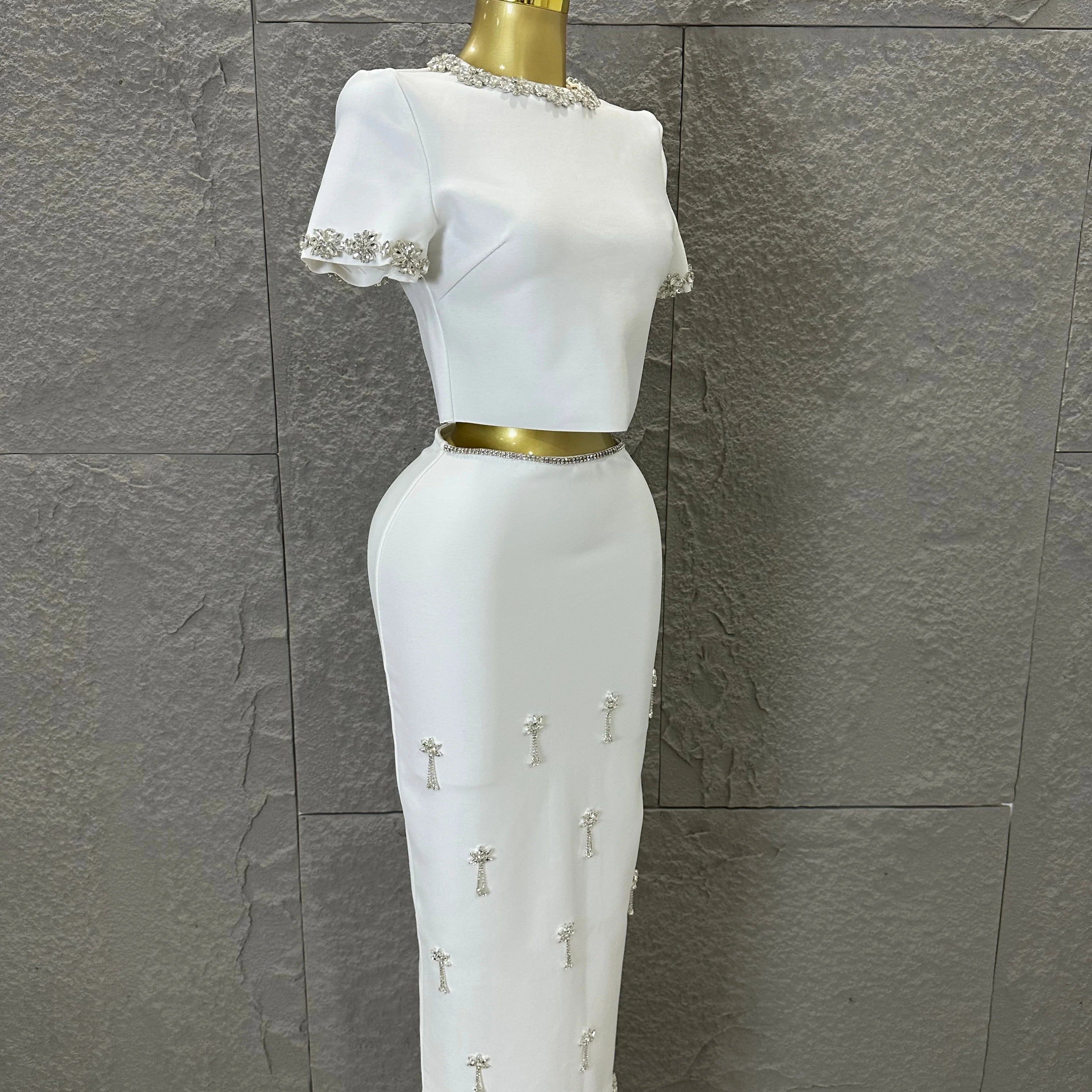 Black White Two Piece Set Women Elegant Short Sleeve Beaded Crop Top High Waist Pencil Midi Skirt Formal Suit