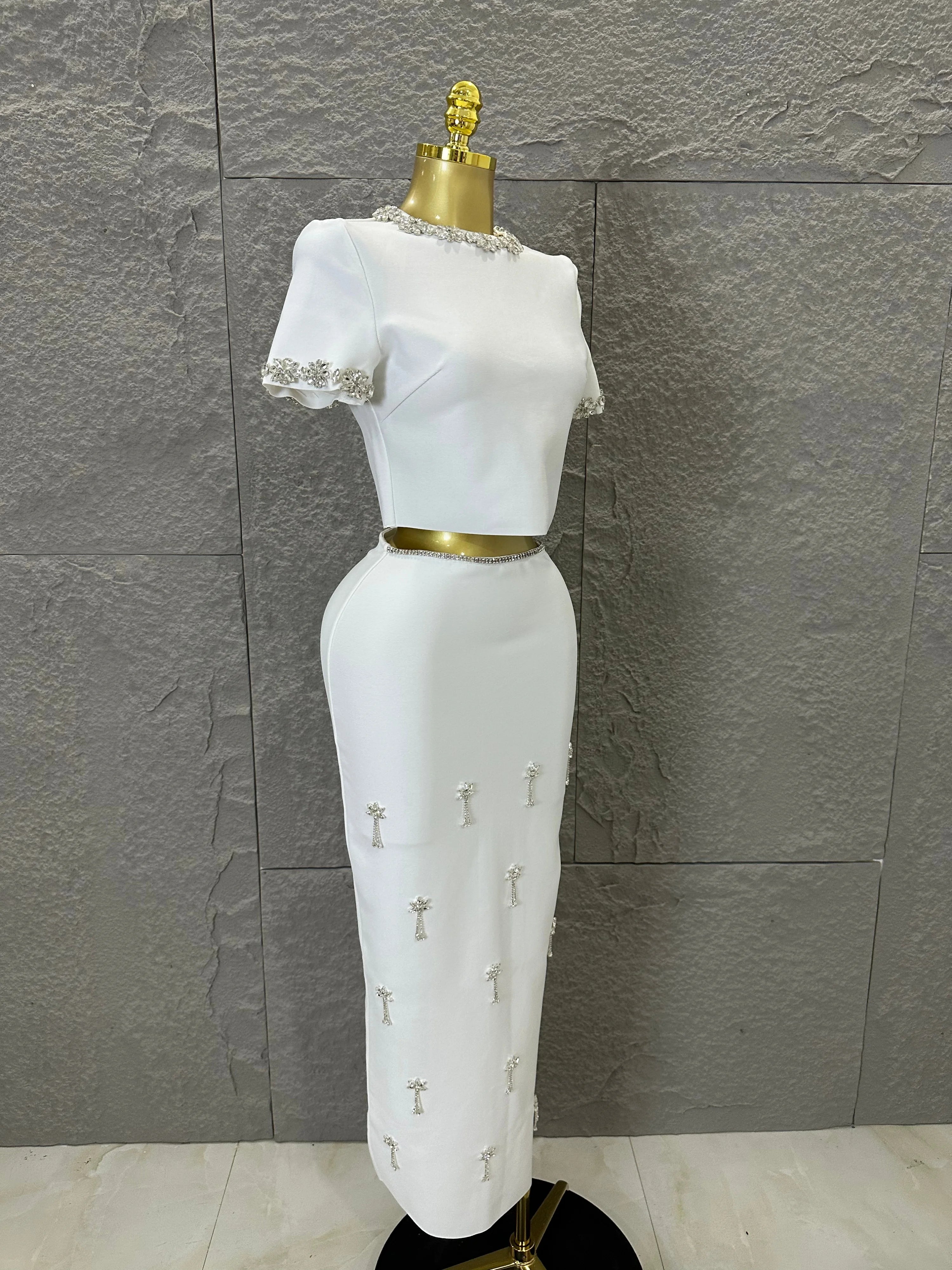 Black White Two Piece Set Women Elegant Short Sleeve Beaded Crop Top High Waist Pencil Midi Skirt Formal Suit