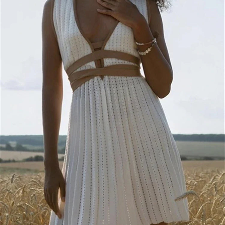 REALEFT Summer Deep V-Neck Knitted Women's Dresses High Waist Lace Up Casual Sleeveless Solid Sexy Mini Dresses Female Ladies