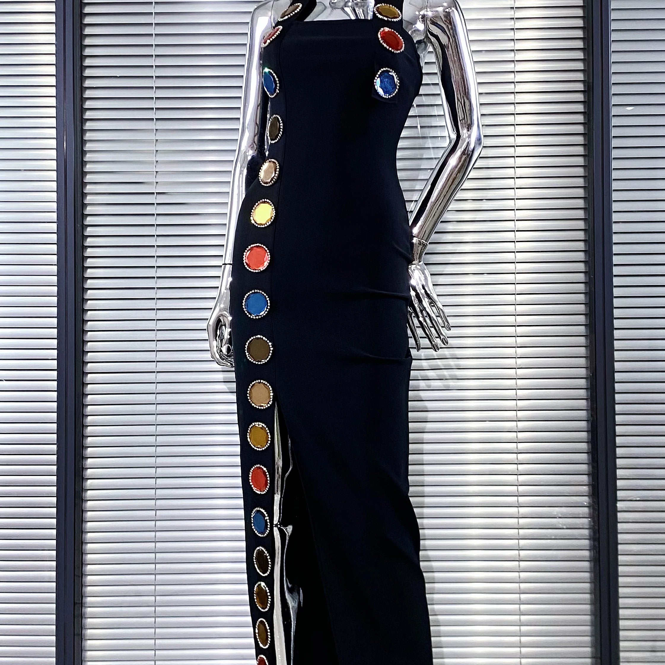 New Summer Special Design Shining Colorful Diamonds Sexy Halter Black Bandage Dress Woman Birthday Party Dress Club Party Outfit