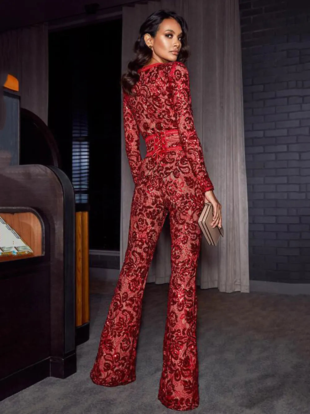 2025 Women'S Light Luxury Sequin Patchwork Bandage Jumpsuit O-Neck Long Sleeved Waistband Flared Jumpsuit Pants Party Jumpsuit