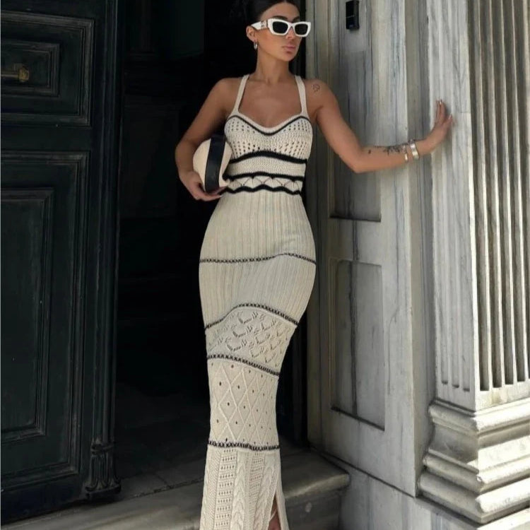 Knitted Long Dress Women Sexy Hollow Out Slim Suspenders Dresses New Summer Sleeveless Backless Beach Holiday Party Dress WHITE